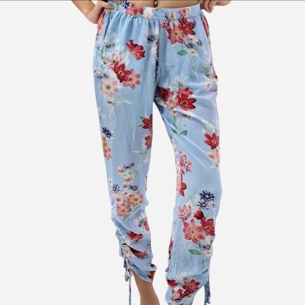 Amanda Uprichard  Blue Pink Floral Stretch Waist pants ruched leg Size Small